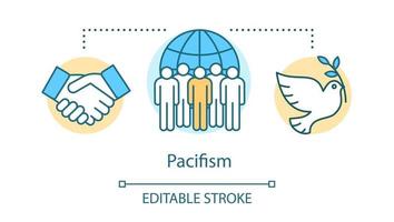 Pacifism concept icon. Nonviolent resistance, militarism opposition idea thin line illustration. White dove with olive branch, handshake and protesters vector isolated outline drawing. Editable stroke