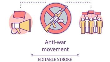 Anti war movement concept icon. Militarism opposition, pacifism idea thin line illustration. Megaphone with flag, gun with stop sign and protesters vector isolated outline drawing. Editable stroke