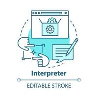 Interpreter concept icon. Help and support center. Computer code testing. Information technology. Program setup idea thin line illustration. Vector isolated outline drawing. Editable stroke