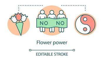 Flower power concept icon. Hippie movement, nonviolence ideology idea thin line illustration. Yin and yang sign, protesters with banner and bouquet vector isolated outline drawing. Editable stroke