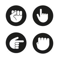 Hand gestures glyph icons set. Squeezed and raised fists, hands pointing right and up. Vector white silhouettes illustrations in black circles