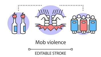 icono del concepto de violencia de la mafia. disturbios civiles, vandalismo, ilustración de línea fina de idea de control de rebelión. cócteles molotov, puños y policía antidisturbios con escudos vector dibujo de contorno aislado. trazo editable