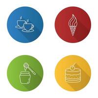 Condectionery flat linear long shadow icons set. Coffee house menu. Hot drink, ice cream cone, honey jar, tiramisu. Vector outline illustration