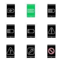 Smartphone glyph icons set. Low and high smartphone battery charge, error, FAQ, settings, no signal. Silhouette symbols. Vector isolated illustration