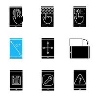 Smartphone glyph icons set. Touchscreen, keypad, drag gesture, display rotation, inch size, screen resize, save button, settings, FAQ. Silhouette symbols. Vector isolated illustration