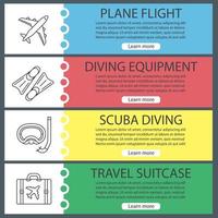 Summer vacation web banner templates set. Plane, flippers, aqualung, travel suitcase. Website color menu items with linear icons. Vector headers design concepts