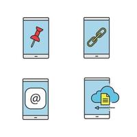 Smartphone color icons set. File attach, link, e-mail, cloud storage. Isolated vector illustrations