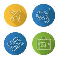 Conjunto de iconos de larga sombra plana lineal de vacaciones de verano. vuelo en avion, aqualung, aletas, maleta de equipaje. ilustración de línea vectorial vector