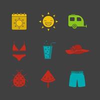 Summer glyph color icon set. Calendar, sun, trailer, swimsuit, beach hat, lemonade, ladybug, watermelon on stick, shorts. Silhouette symbols on black backgrounds. Negative space. Vector illustrations