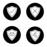 Protection shields glyph icons set. Email and network connection security. Approved and denied protection. Vector white silhouettes illustrations in black circles