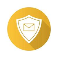 icono de glifo de larga sombra de diseño plano de seguridad de correo electrónico. mensaje sms dentro del escudo de protección. protección de filtro de spam. ilustración de silueta de vector