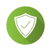 Security check flat design long shadow icon. Protection shield with tick mark. Vector silhouette symbol