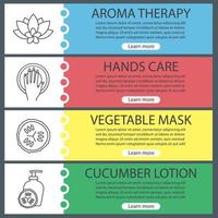 Spa salon web banner templates set. Aromatherapy flower, hands care, cucumber lotion and facial mask. Website color menu items with linear icons. Vector headers design concepts