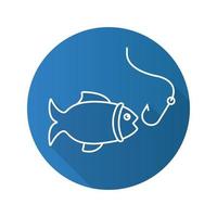 Fishing flat linear long shadow icon. Fish with hook. Vector outline symbol