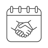 Negotiations day linear icon. Thin line illustration. Business negotiations date. Calendar page with handshake contour symbol. Vector isolated outline drawing