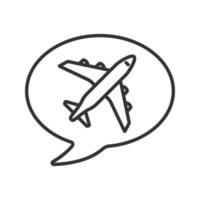 Chat box with airplane takeoff inside linear icon. Flight departure. Thin line illustration. Contour symbol. Vector isolated outline drawing