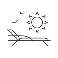 Beach rest linear icon. Thin line illustration. Beach chair with birds and rising sun contour symbol. Vector isolated outline drawing