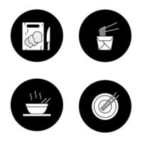 Chinese food glyph icons set. Noodles in paper box, ramen, chopsticks, sliced bread. Vector white silhouettes illustrations in black circles