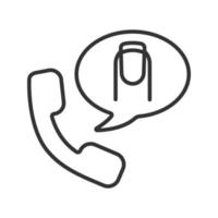 Manicure phone appointment linear icon. Thin line illustration. Chat box with woman's nail contour symbol. Vector isolated outline drawing