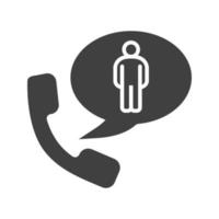 Phone talk about man glyph icon. Silhouette symbol. Handset with man inside speech bubble. Negative space. Vector isolated illustration