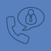 Phone talk with boss color linear icon. Handset with businessman inside speech bubble. Thin line outline symbols on color background. Vector illustration