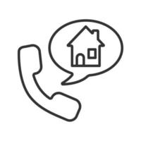 Phone rental house reserve linear icon. Thin line illustration. Room reservation. Handset with home inside speech bubble. Contour symbol. Vector isolated outline drawing