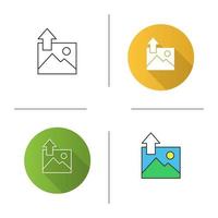 Digital image uploading icon. Picture with up arrow. Flat design, linear and color styles. Isolated vector illustrations