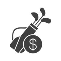 Golf equipment shop glyph icon. Silhouette symbol. Golf bag with clubs and dollar sign. Negative space. Vector isolated illustration