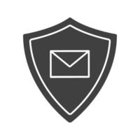 Email security glyph icon. Silhouette symbol. Sms message inside protection shield. Spam protection. Negative space. Vector isolated illustration