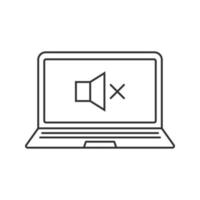 Laptop sound off linear icon. Thin line illustration. Notebook with loudspeaker contour symbol. Vector isolated outline drawing