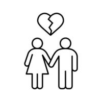 Lovers breakup linear icon. Divorced couple thin line illustration. Man and woman with broken heart shape above. Contour symbol. Vector isolated outline drawing