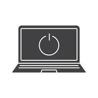 Turn off laptop glyph icon. Silhouette symbol. Notebook with shut down button. Negative space. Vector isolated illustration