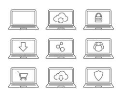 portátiles iconos lineales establecidos. Computación en la nube portátil, seguridad, grupo de usuarios, compras, conexión de red, descargas. símbolos de contorno de línea fina. ilustraciones vectoriales aisladas vector