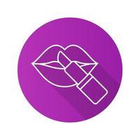 Lipstick with woman's lips. Flat linear long shadow icon. Vector line symbol