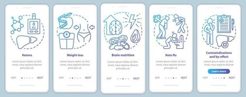 Keto diets blue onboarding mobile app page screen vector template. Ketogenic eating and healthy nutrition. Walkthrough website steps with linear illustrations. UX, UI, GUI smartphone interface concept