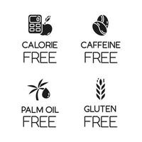 conjunto de iconos de glifo de ingrediente libre de producto. sin calorías, cafeína, aceite de palma, gluten. comida sana orgánica. comidas bajas en calorías. dietético sin alérgenos. símbolos de silueta. vector ilustración aislada