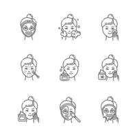 Skin care procedures linear icons set. Spot treatment for acne. Sunscreen. Mosturizing face cleanser. Thermal mask. Thin line contour symbols. Isolated vector outline illustrations. Editable stroke