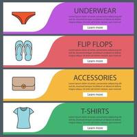 Women's accessories web banner templates set. Panties, flip flops, clutch bag, t-shirt. Website color menu items. Vector headers design concepts