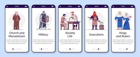Medieval social structure onboarding mobile app page screen vector template. Walkthrough website steps with flat characters. Middle Age personages. UX, UI, GUI smartphone cartoon interface concept