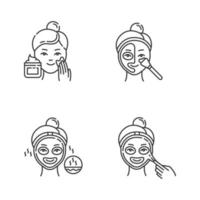 Skin care procedures linear icons set. Applying exfoliating cream. Using thermal mask to open up pores. Thin line contour symbols. Isolated vector outline illustrations. Editable stroke