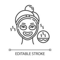 Using thermal mask linear icon. Skin care procedure. Facial beauty treatment. Dermatology, cosmetics, makeup. Thin line illustration. Contour symbol. Vector isolated outline drawing. Editable stroke