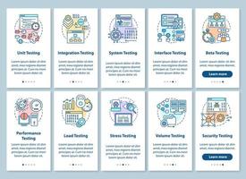Software testing onboarding mobile app page screen with linear concepts. Performance and usability analysis walkthrough steps graphic instructions. UX, UI, GUI vector template with illustrations