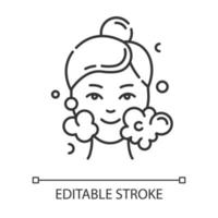 Water face cleanser linear icon. Skin care procedure. Beauty treatment. Foam, bubbles. Cleansing, moisturizing. Thin line illustration. Contour symbol. Vector isolated outline drawing. Editable stroke