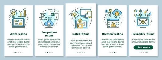 pruebas de rendimiento del software incorporando la pantalla de la página de la aplicación móvil con conceptos lineales. instrucciones gráficas de los pasos del tutorial de control de calidad del programa. ux, ui, plantilla de vector de interfaz gráfica de usuario con ilustraciones