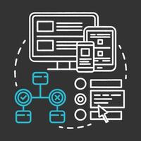 icono de concepto de tiza de prueba de interfaz. ux, ui comprobar idea ilustración de línea fina. etapa de desarrollo de software. programación y codificación de aplicaciones. Proyecto idea. vector ilustración de pizarra aislada