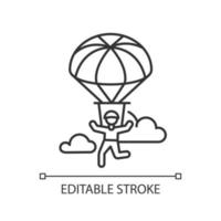 Parachuting linear icon. Paragliding, paratrooping activity. Flights in sky and jumps with parachute. Thin line illustration. Contour symbol. Vector isolated outline drawing. Editable stroke