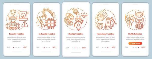 Types robotics onboarding mobile app page screen vector template. Guard, industrial, medical robots. Walkthrough website steps with linear illustrations. UX, UI, GUI smartphone interface concept