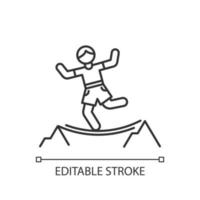 Highlining linear icon. Slacklining. Walking and balancing on tightrope. Slackliner in mountains. Extreme sport stunt. Walker on rope. Contour symbol. Vector isolated outline drawing. Editable stroke