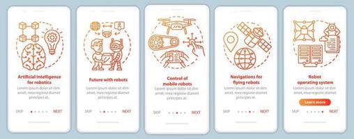 Robotics courses onboarding mobile app page screen vector template. Learning robot control. Walkthrough website steps with linear illustrations. UX, UI, GUI smartphone interface concept