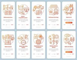 Robotics courses onboarding mobile app page screen with linear concepts set. Robots engineering sections walkthrough steps graphic instructions. UX, UI, GUI vector template with illustrations